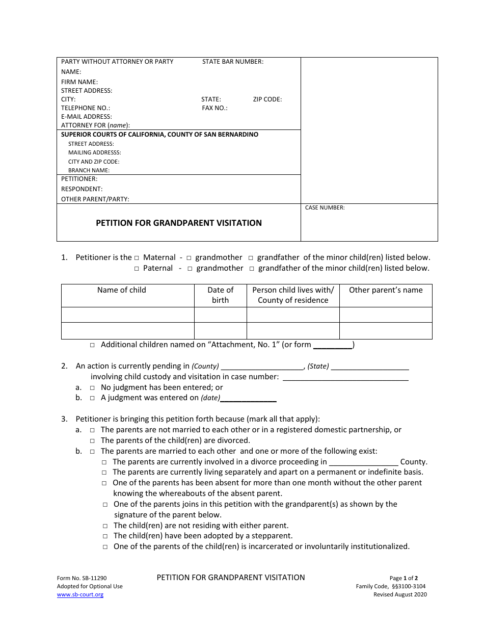 Form SB-11290 Petition for Grandparent Visitation - County of San Bernardino, California, Page 1