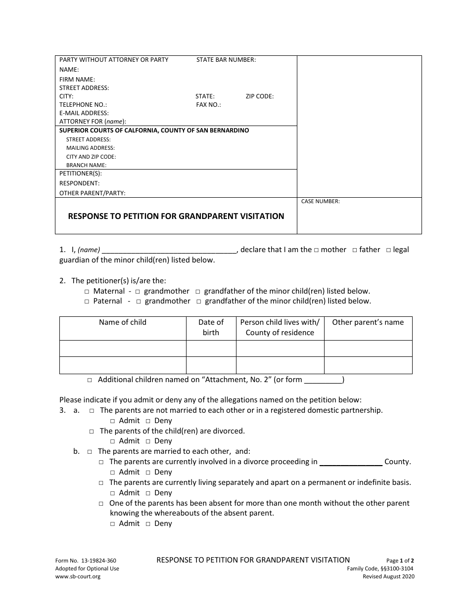 Form 13-19824-360 Response to Petition for Grandparent Visitation - County of San Bernardino, California, Page 1