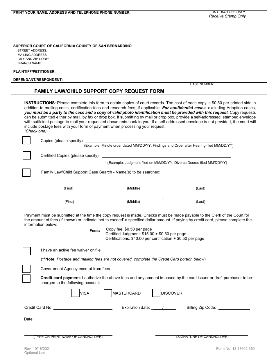 Form 13-13602-360 Family Law / Child Support Copy Request Form - County of San Bernardino, California, Page 1