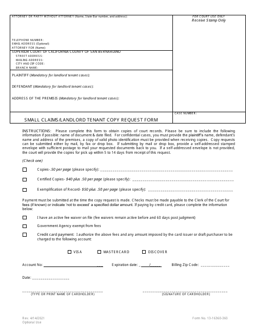 Form 13-16360-360 Small Claims/Landlord Tenant Copy Request Form - County of San Bernardino, California