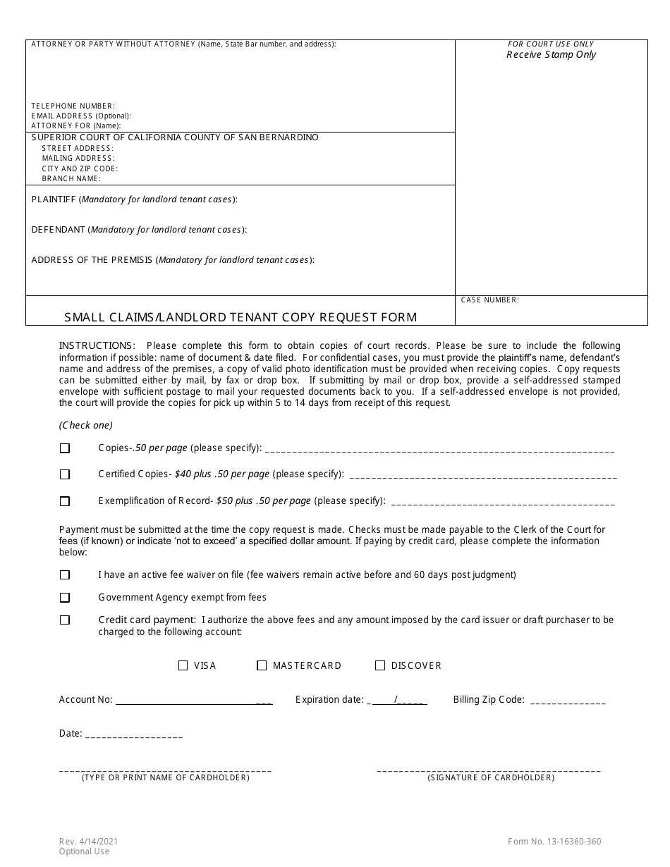 Form 13-16360-360 Small Claims / Landlord Tenant Copy Request Form - County of San Bernardino, California, Page 1