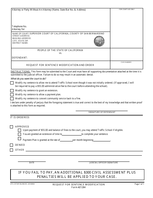 Form 21284 Request for Sentence Modification and Order - County of San Bernardino, California