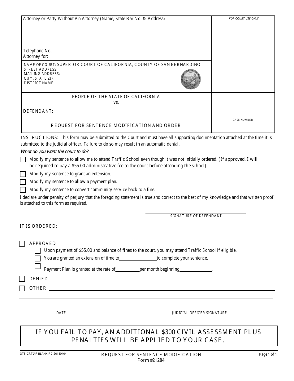 Form 21284 Request for Sentence Modification and Order - County of San Bernardino, California, Page 1
