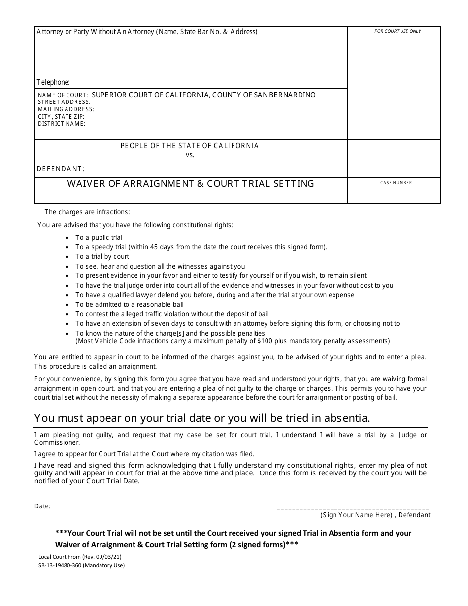 Form SB-13-19480-360 Waiver of Arraignment  Court Trial Setting - County Of San Bernardino, California, Page 1