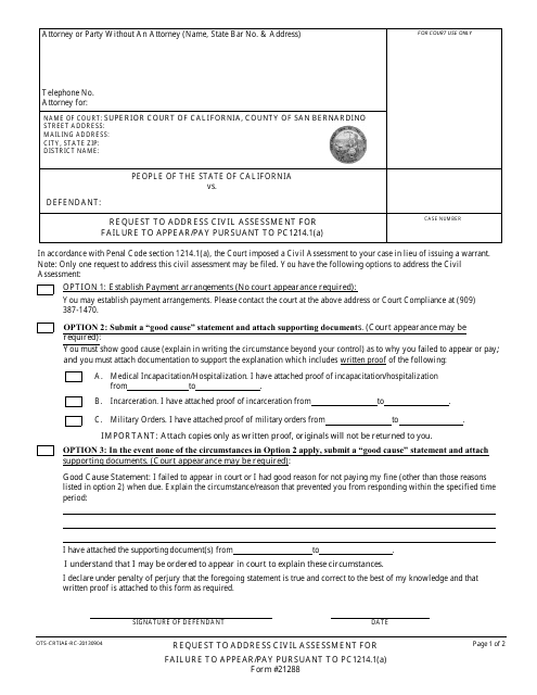 Form 21288 Request to Address Civil Assessment for Failure to Appear/Pay Pursuant to Pc1214.1(A) - County of San Bernardino, California