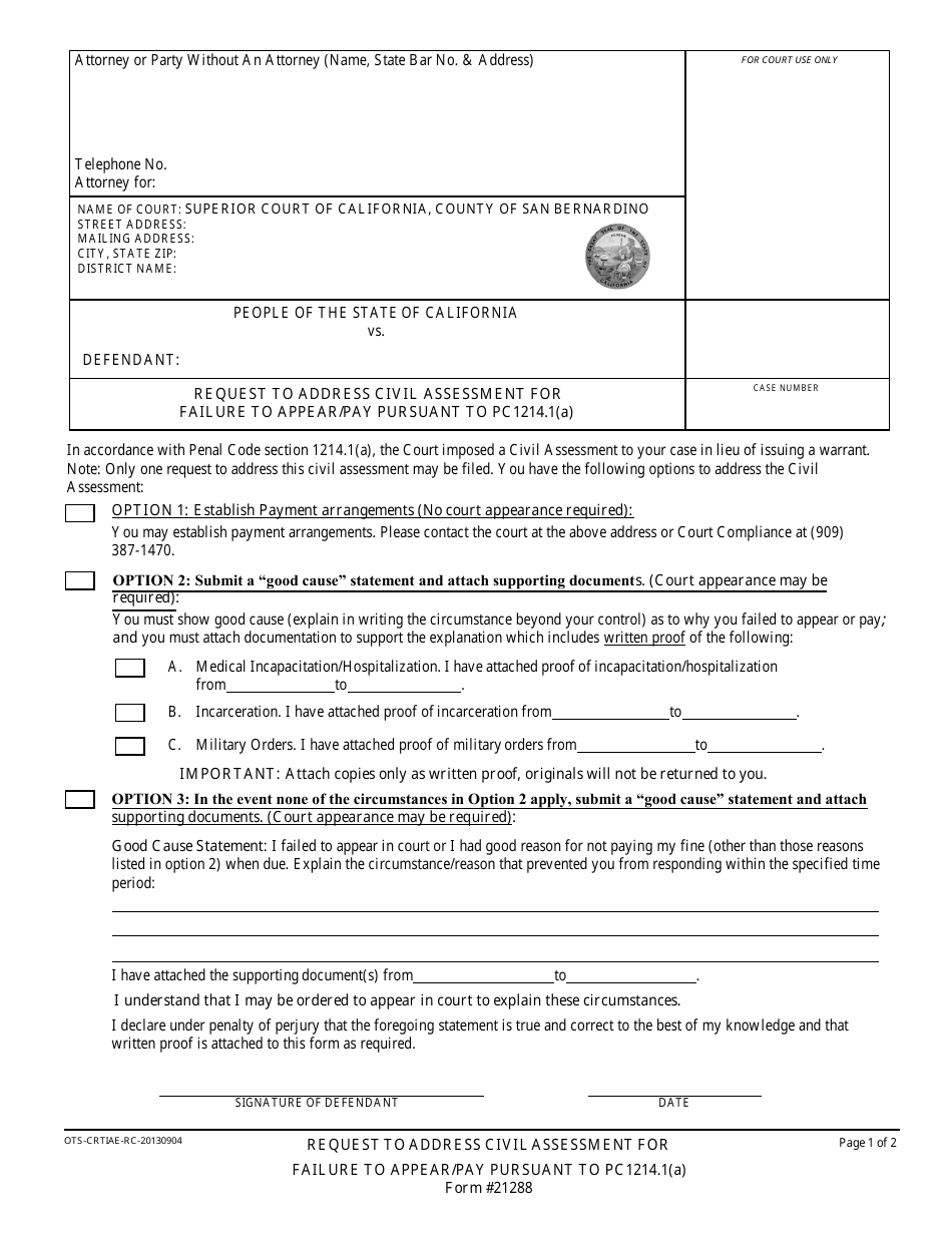 Form 21288 Request to Address Civil Assessment for Failure to Appear / Pay Pursuant to Pc1214.1(A) - County of San Bernardino, California, Page 1