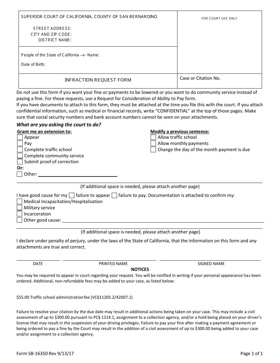 Form SB-16350 Infraction Request Form - County of San Bernardino, California, Page 1