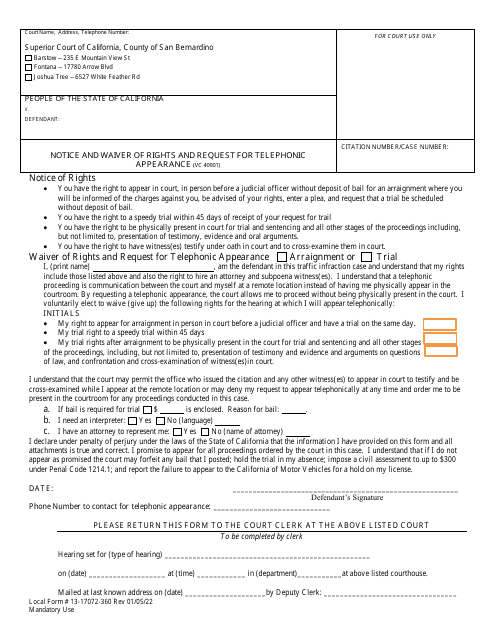 Form 13-17072-360 Notice and Waiver of Rights and Request for Telephonic Appearance - County of San Bernardino, California