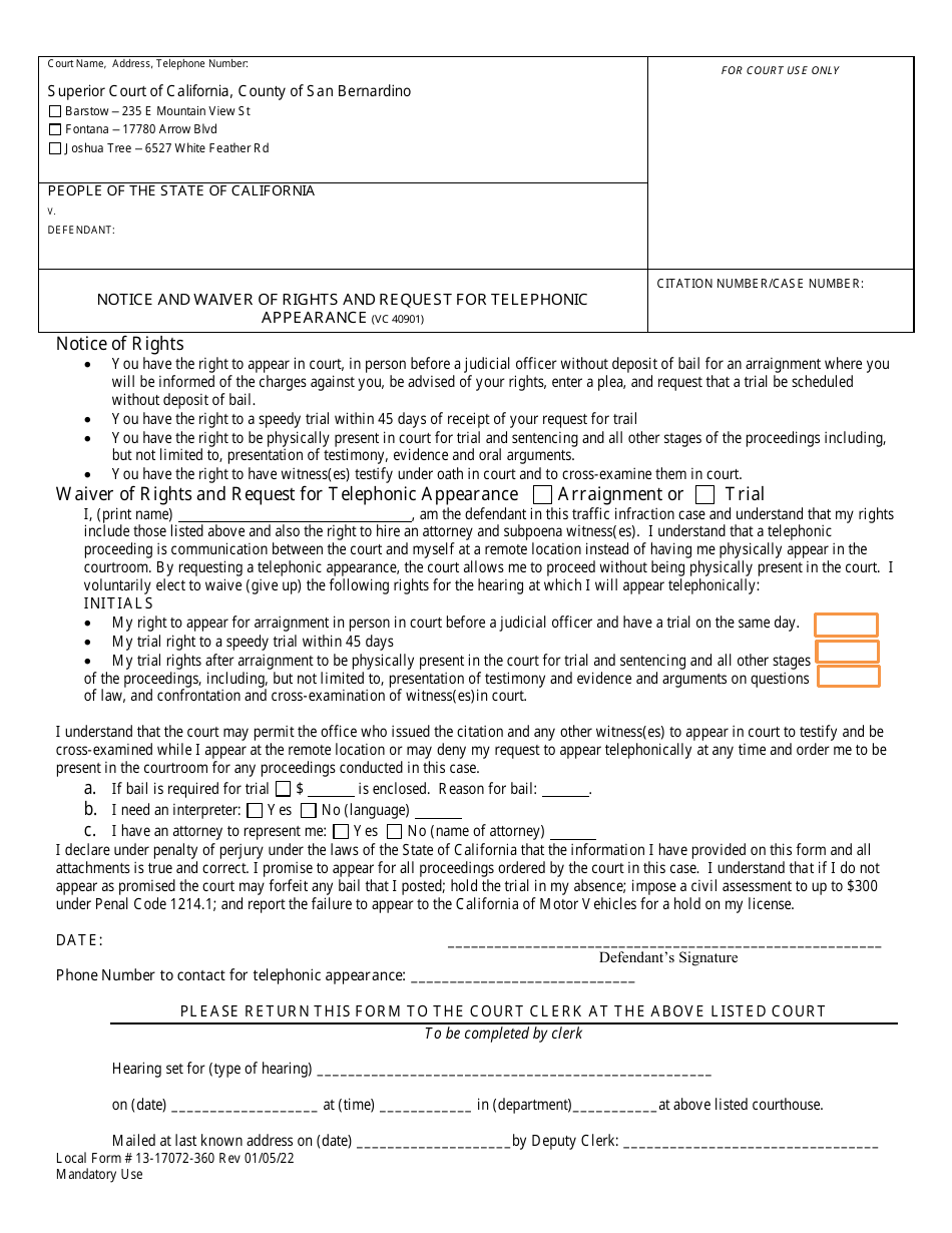 Form 13-17072-360 Notice and Waiver of Rights and Request for Telephonic Appearance - County of San Bernardino, California, Page 1