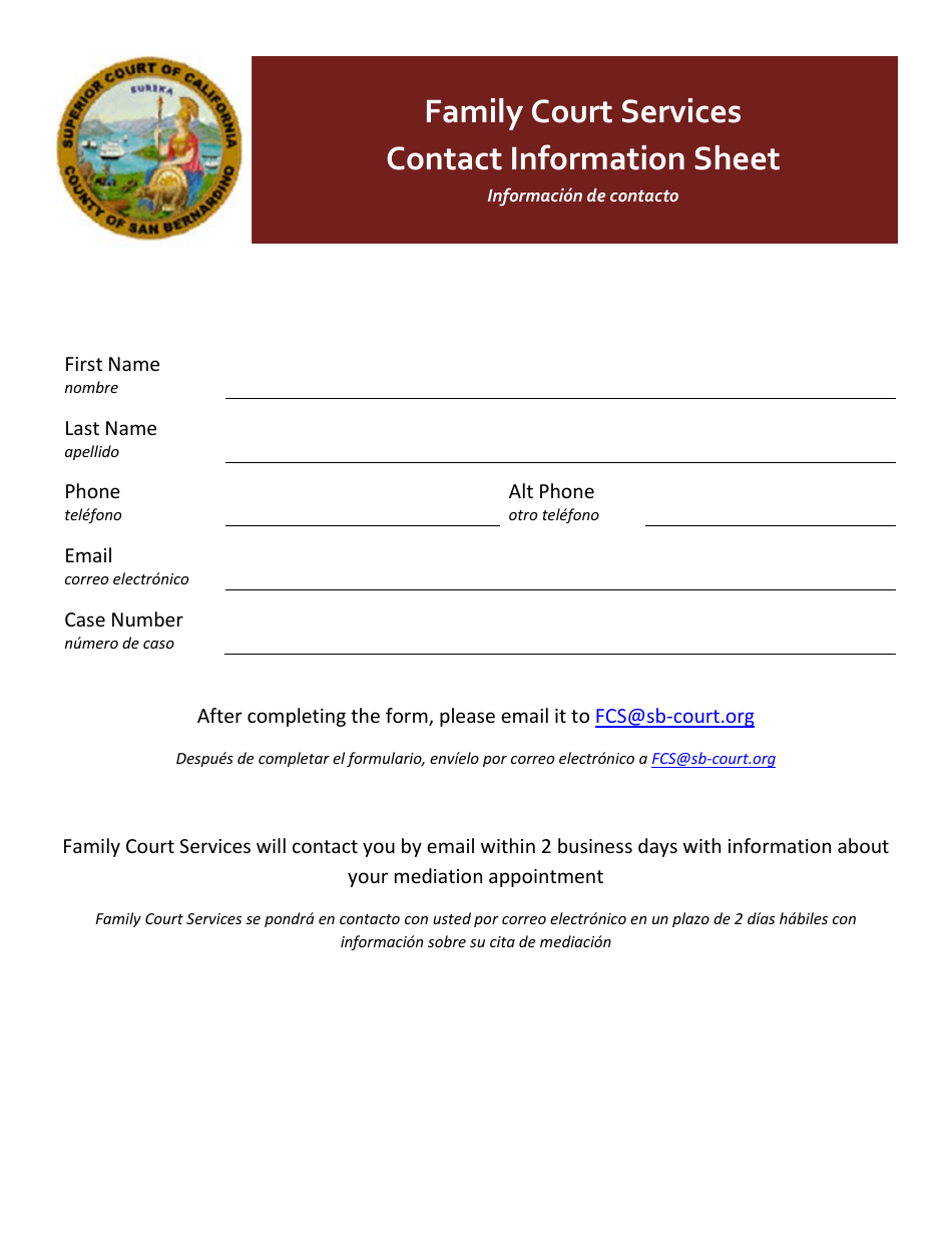 Family Court Services Contact Information Sheet - County of San Bernardino, California, Page 1