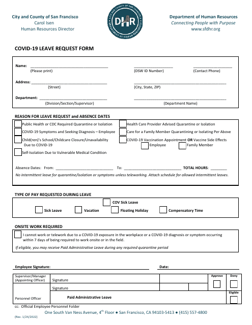 "Covid-19 Leave Request Form" - City and County of San Francisco, California Download Pdf