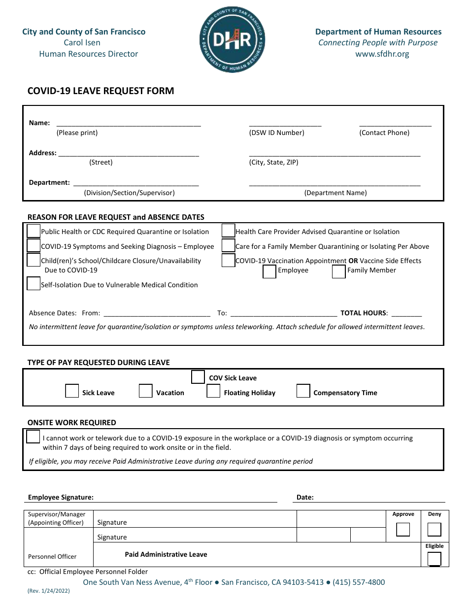 Covid-19 Leave Request Form - City and County of San Francisco, California, Page 1