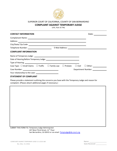 Form 13-12316-360 Complaint Against Temporary Judge - County of San Bernardino, California