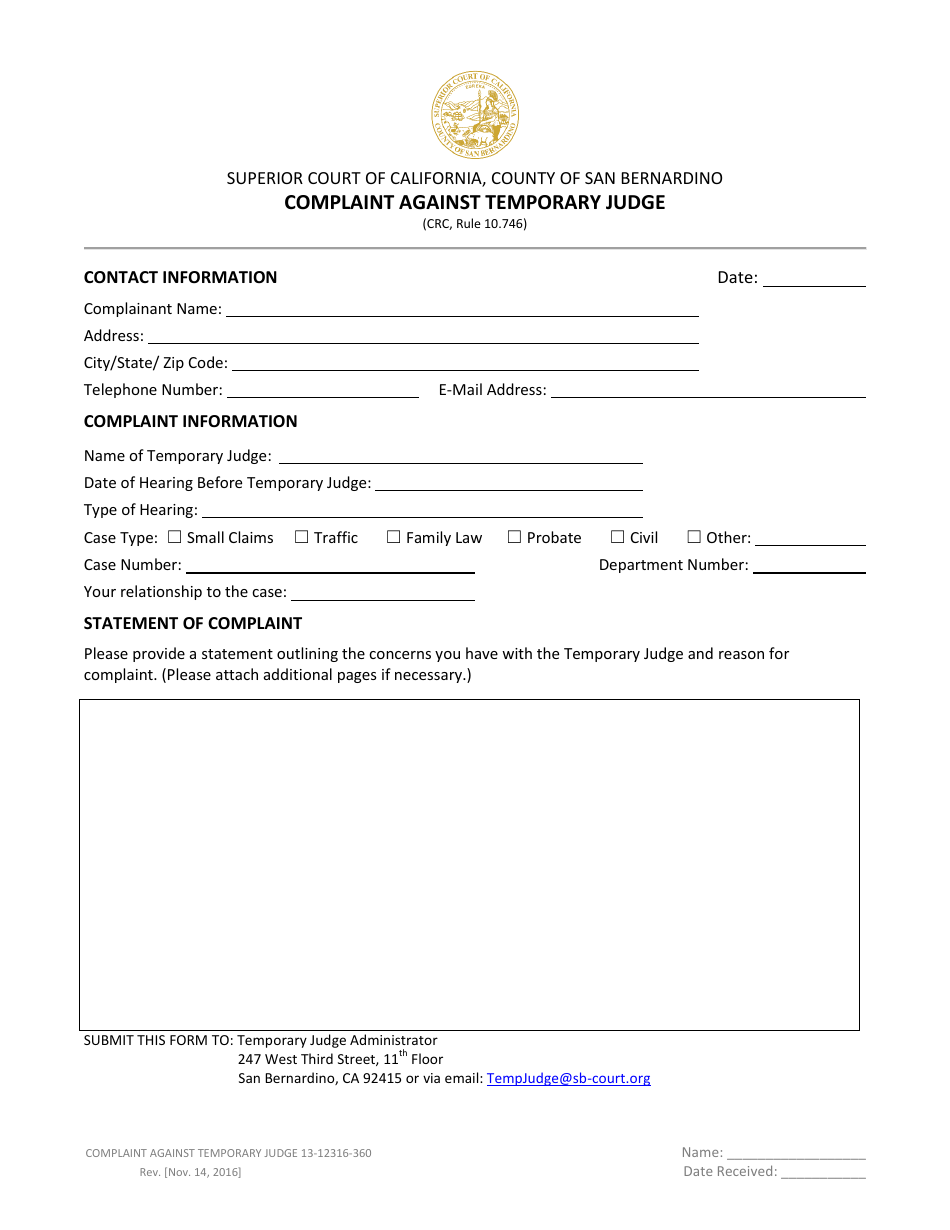 Form 13-12316-360 Complaint Against Temporary Judge - County of San Bernardino, California, Page 1