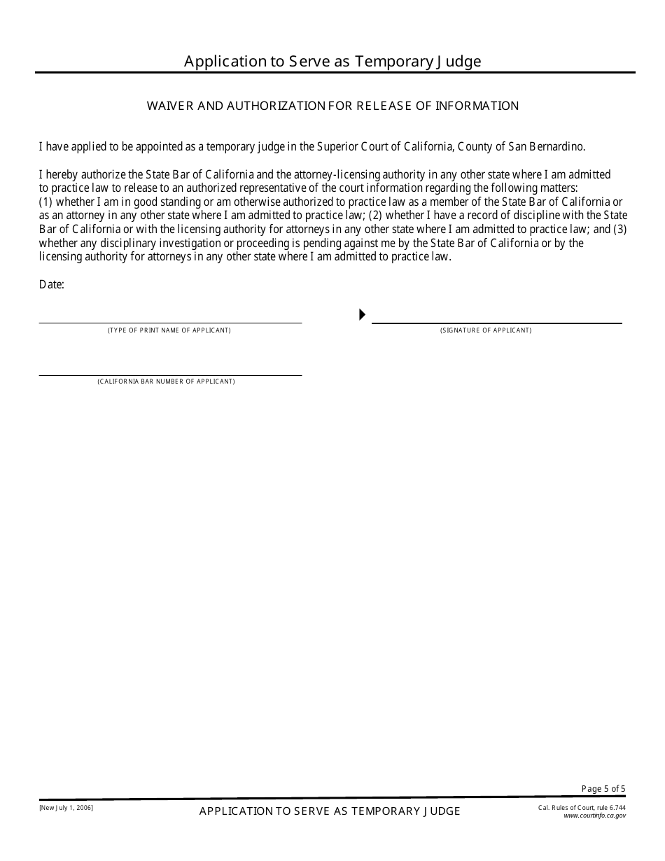 Application to Serve as Temporary Judge - County of San Bernardino, California, Page 5