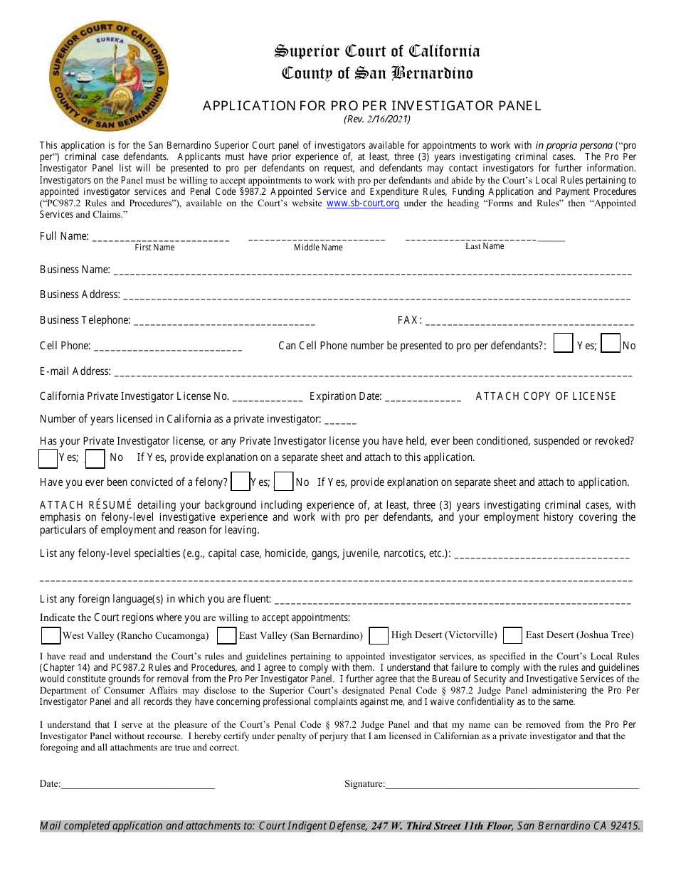 Application for Pro Per Investigator Panel - County of San Bernardino, California, Page 1