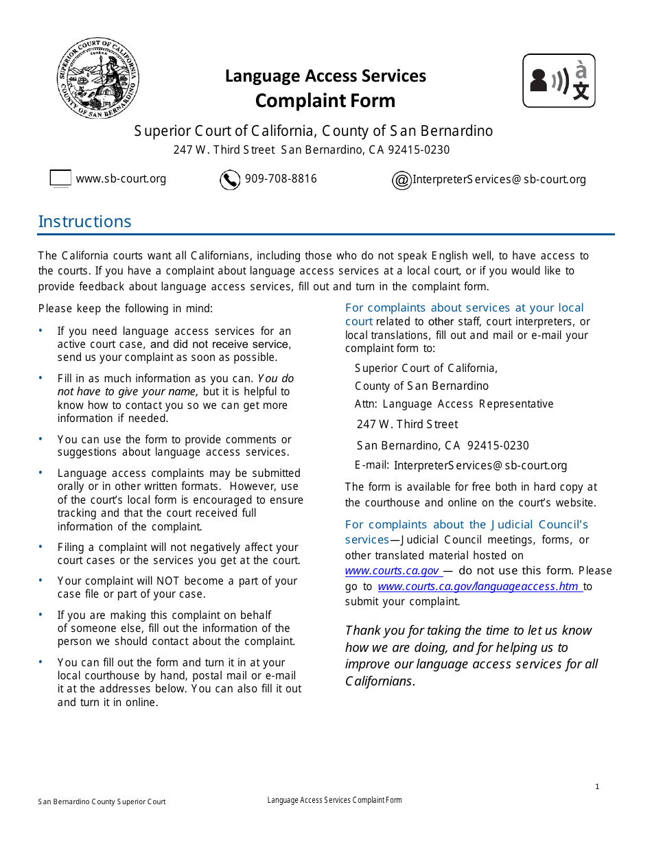 Language Access Services Complaint Form - County of San Bernardino, California, Page 1