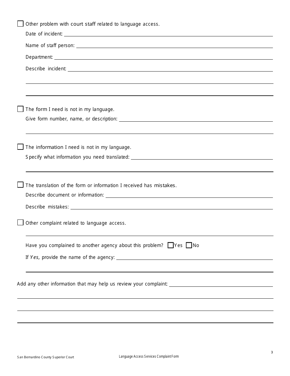 Language Access Services Complaint Form - County of San Bernardino, California, Page 3