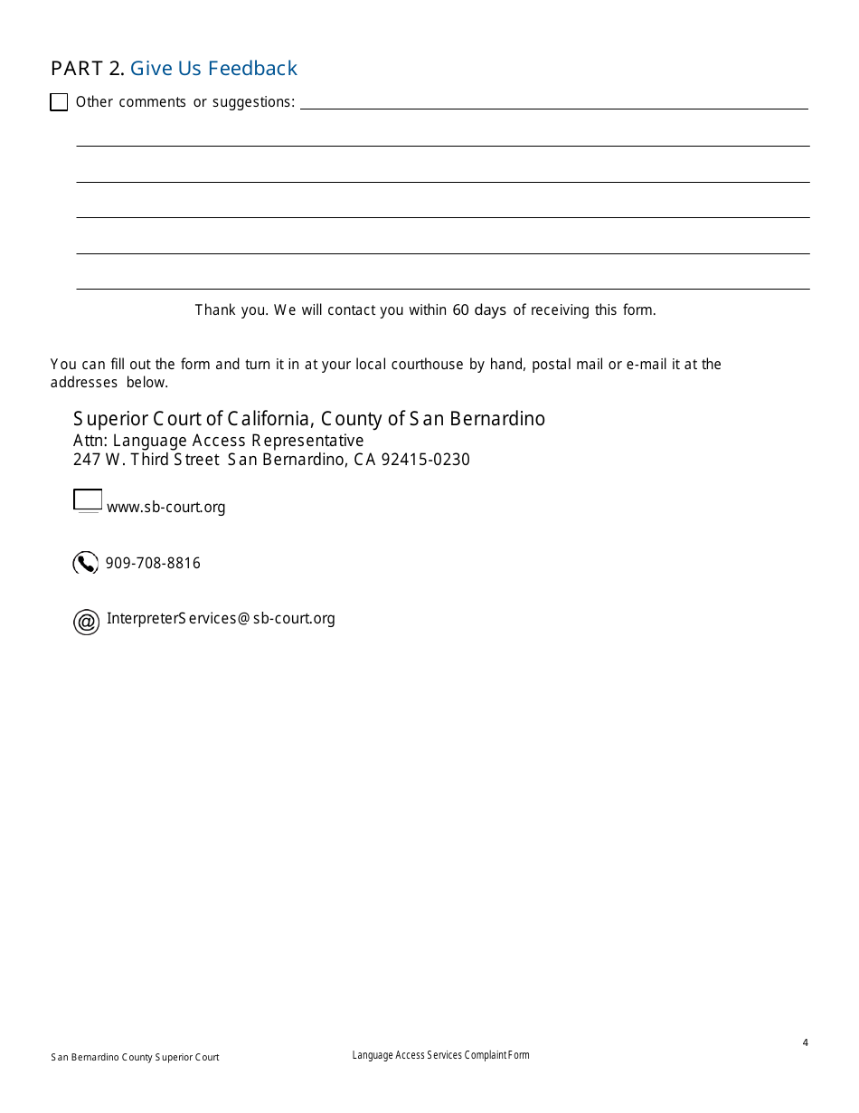 Language Access Services Complaint Form - County of San Bernardino, California, Page 4