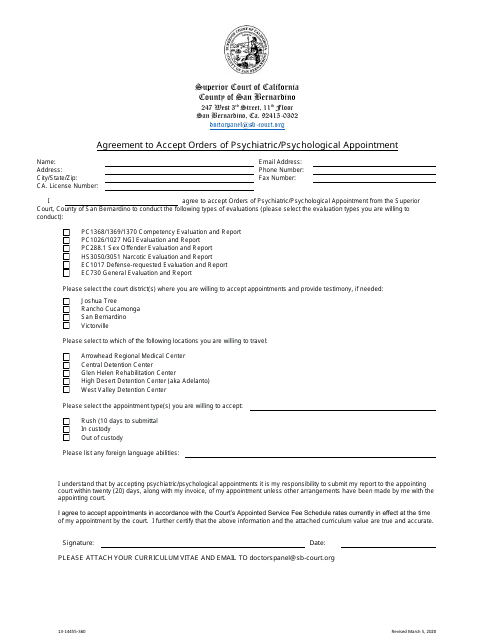 Agreement to Accept Orders of Psychiatric / Psychological Appointment - County of San Bernardino, California Download Pdf