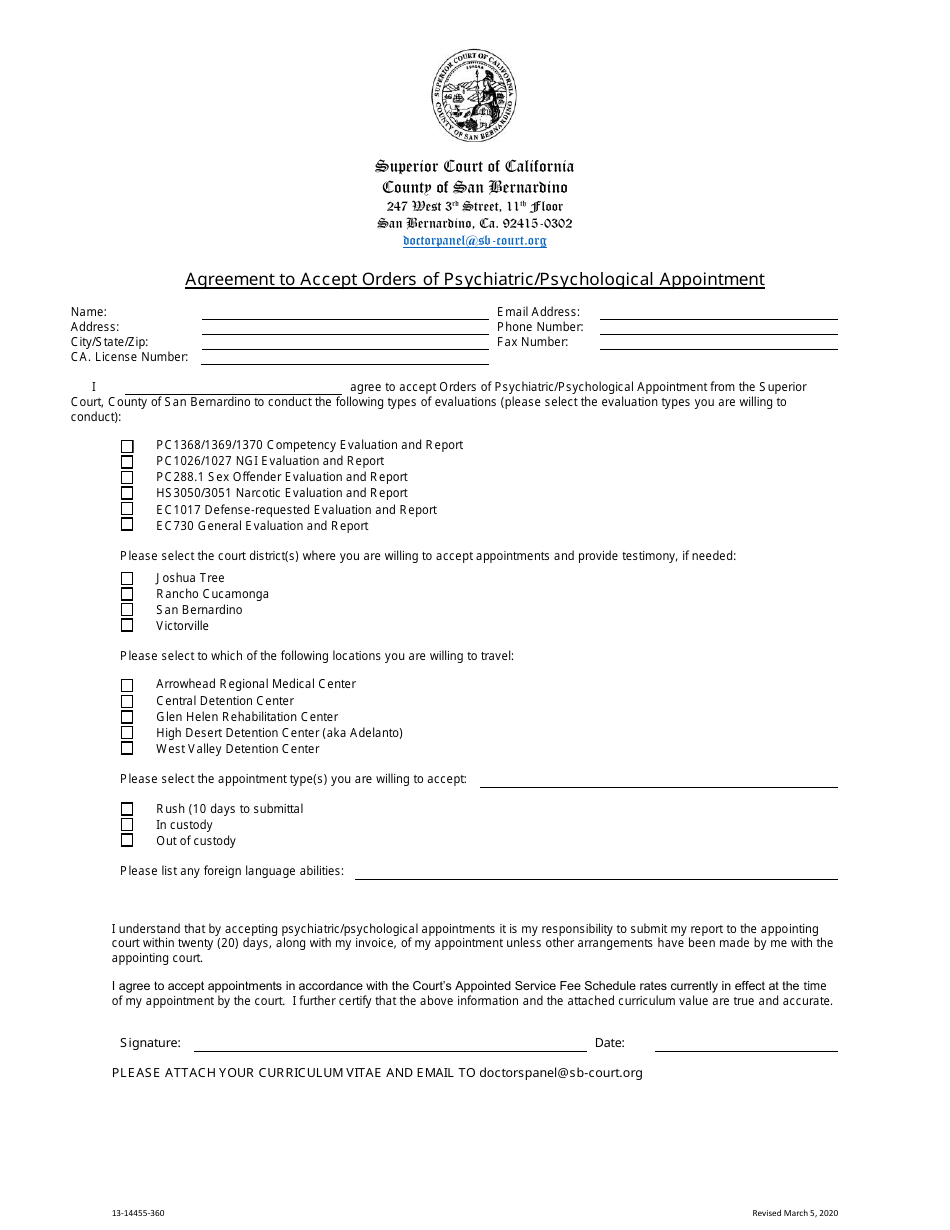 Agreement to Accept Orders of Psychiatric / Psychological Appointment - County of San Bernardino, California, Page 1