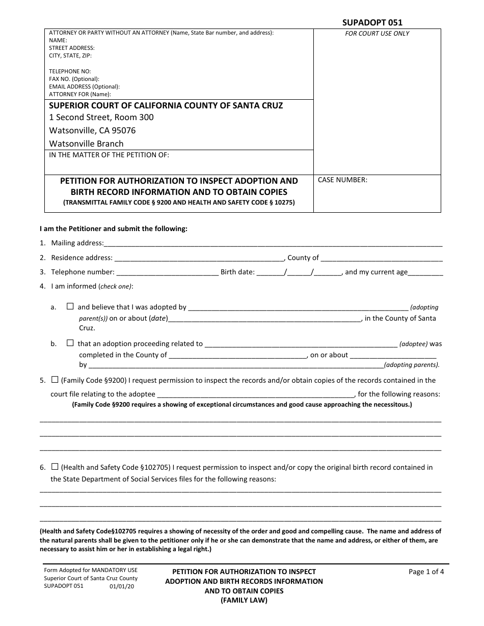 Form SUPADOPT-051 Petition for Authorization to Inspect Adoption and Birth Record Information and to Obtain Copies - County of Santa Cruz, California, Page 1