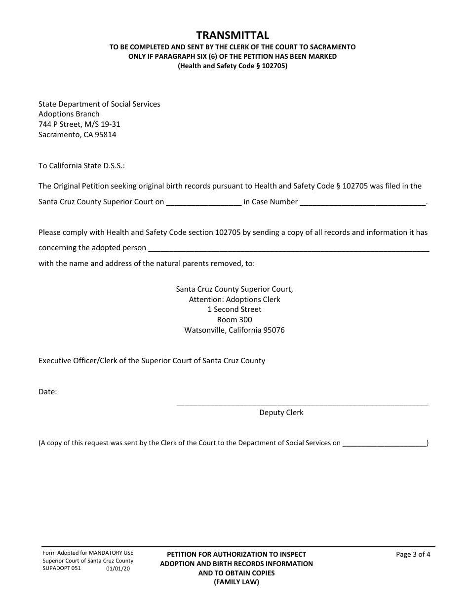 Form SUPADOPT-051 Petition for Authorization to Inspect Adoption and Birth Record Information and to Obtain Copies - County of Santa Cruz, California, Page 3