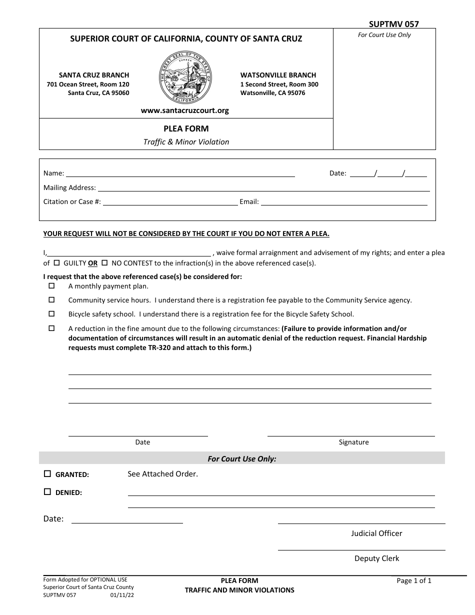 Form SUPTMV057 Plea Form - Traffic  Minor Violation - County of Santa Cruz, California, Page 1