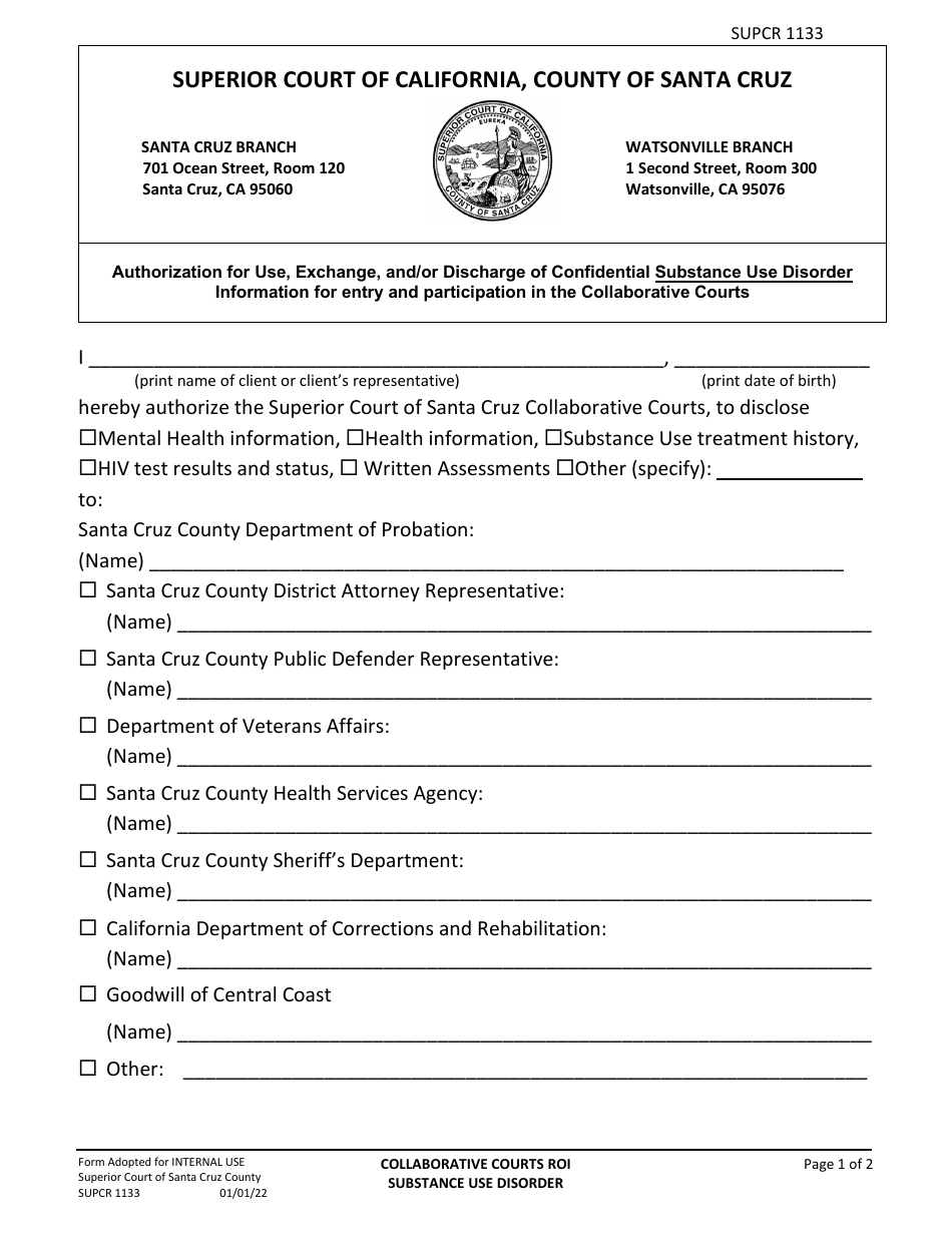 Form SUPCR1133 Authorization for Use, Exchange, and / or Discharge of Confidential Substance Use Disorder - County of Santa Cruz, California, Page 1