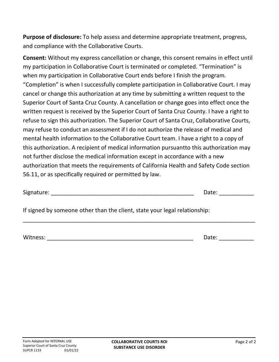 Form SUPCR1133 Authorization for Use, Exchange, and / or Discharge of Confidential Substance Use Disorder - County of Santa Cruz, California, Page 2