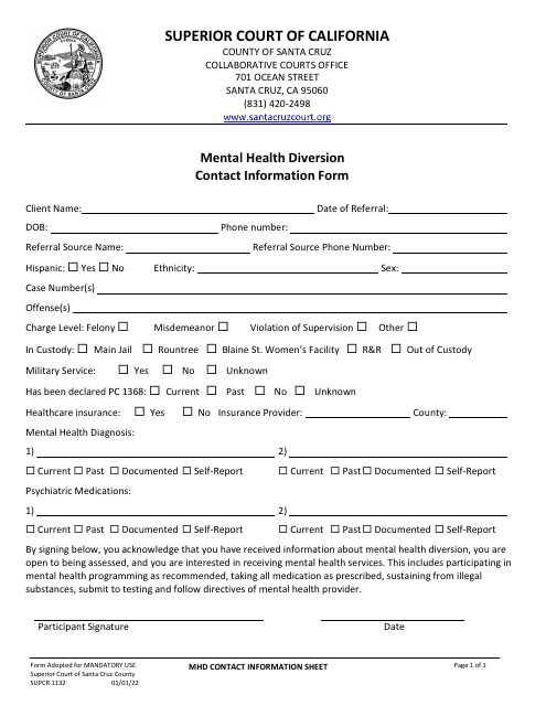 Form SUPCR1132 Mental Health Diversion Contact Information Form - County of Santa Cruz, California