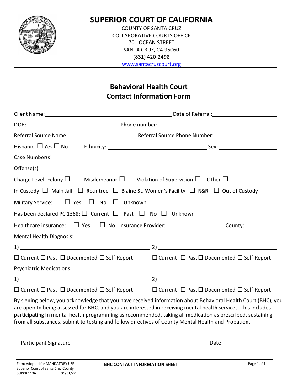 Form SUPCR1136 Behavioral Health Court Contact Information Form - County of Santa Cruz, California, Page 1