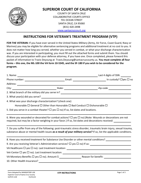 Form SUPCR1139 Instructions for Veteran's Treatment Program (Vtp) - County of Santa Cruz, California