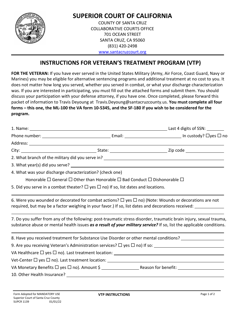 Form SUPCR1139 Instructions for Veterans Treatment Program (Vtp) - County of Santa Cruz, California, Page 1