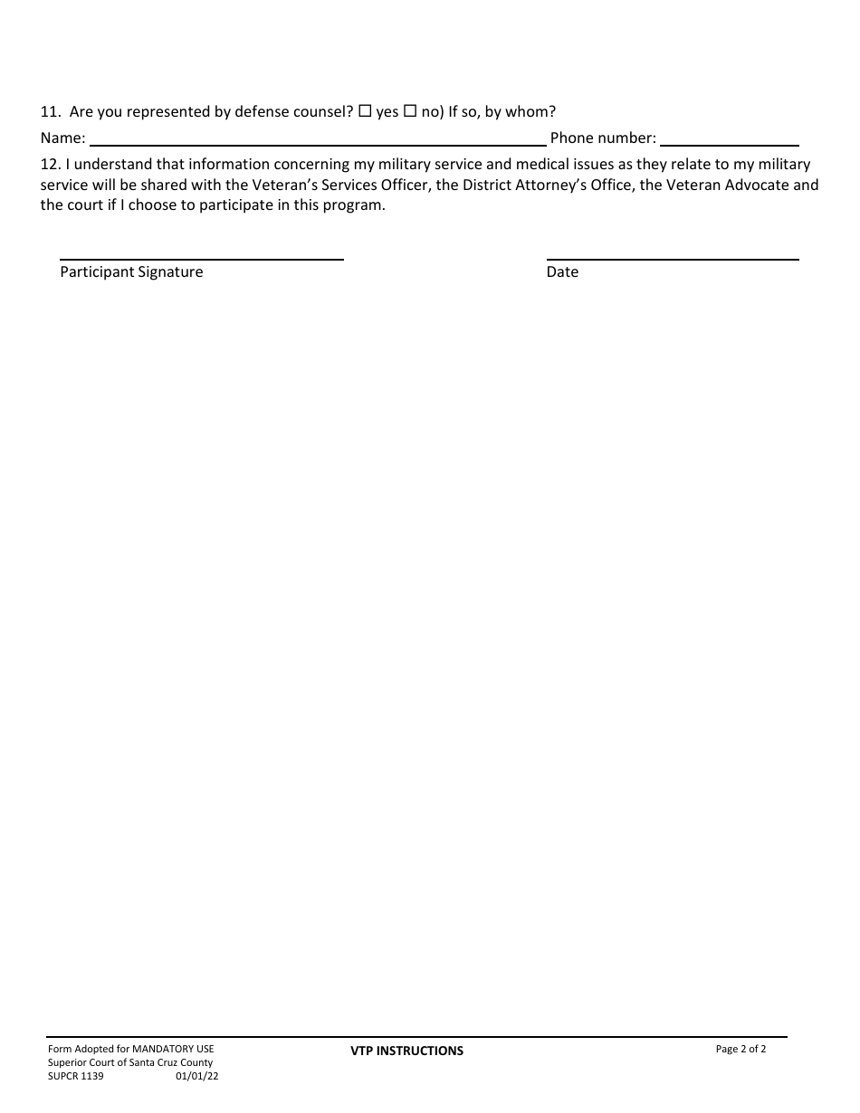 Form SUPCR1139 Instructions for Veterans Treatment Program (Vtp) - County of Santa Cruz, California, Page 2