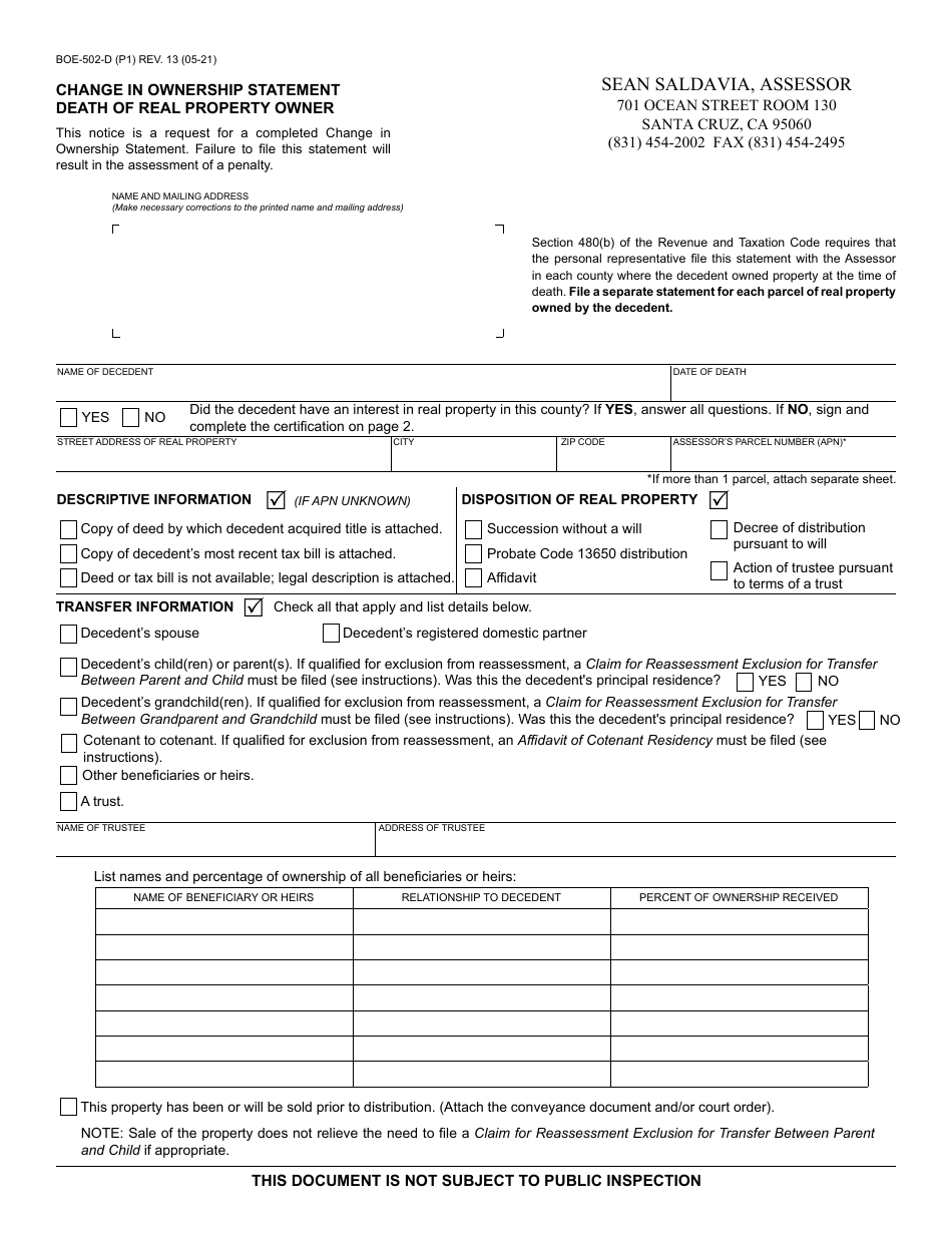 Form BOE-502-D Change in Ownership Statement - Death of Real Property Owner - County of Santa Cruz, California, Page 1