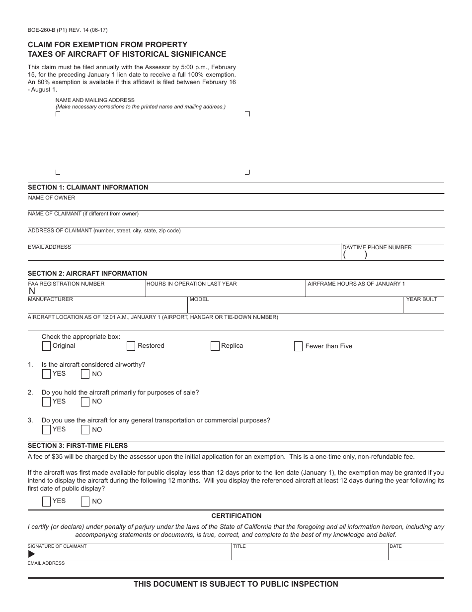 Form BOE-260-B Claim for Exemption From Property Taxes of Aircraft of Historical Significance - California, Page 1