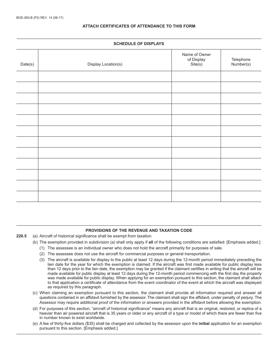 Form BOE-260-B Claim for Exemption From Property Taxes of Aircraft of Historical Significance - California, Page 2