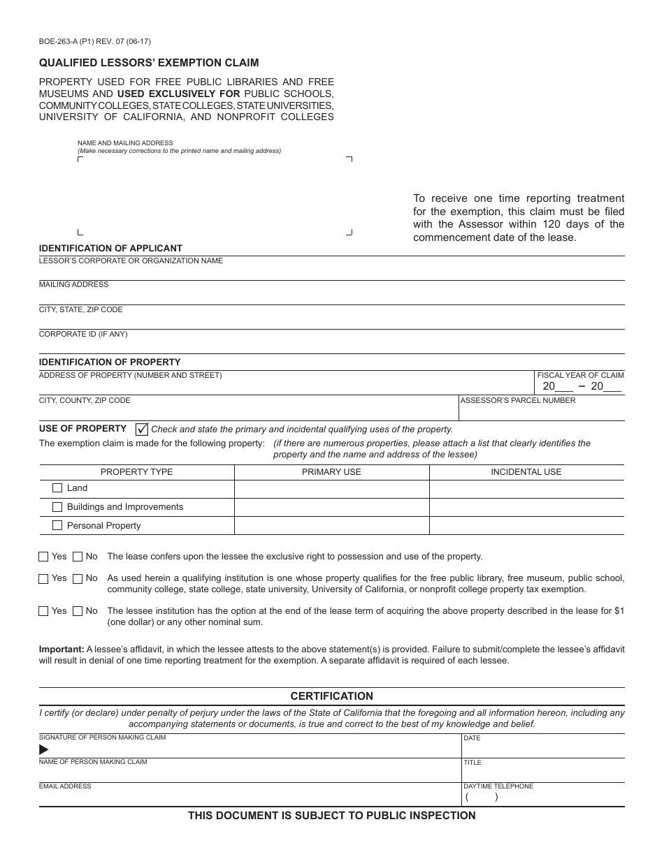Form BOE-263-A Qualified Lessors Exemption Claim - Santa Cruz County, California, Page 1