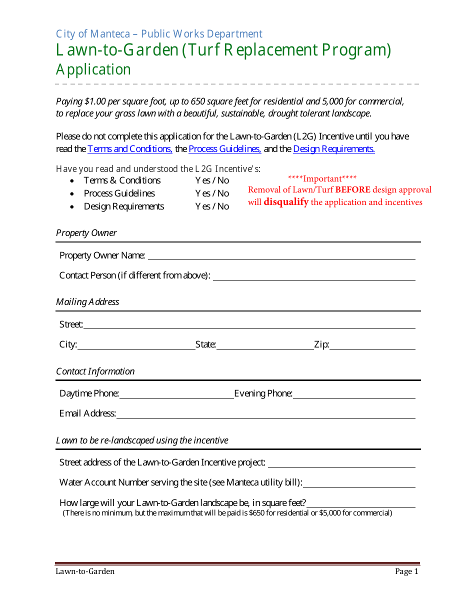 Lawn-To-Garden (Turf Replacement Program) Application - City of Manteca, California, Page 1