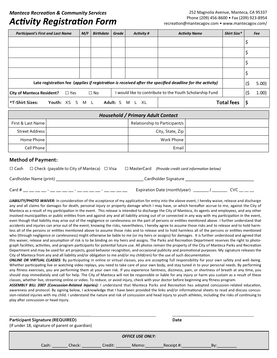 Activity Registration Form - City of Manteca, California, Page 1