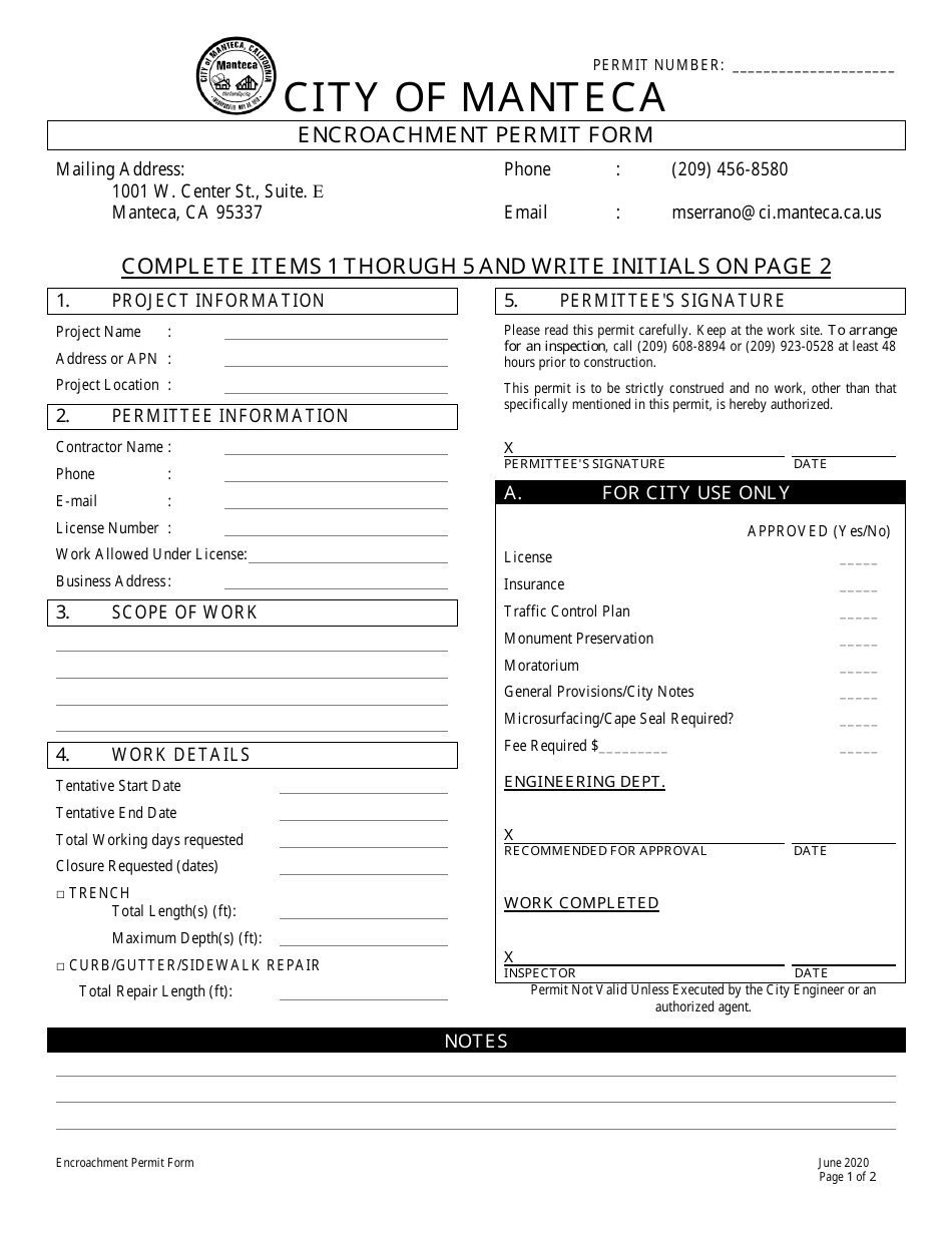 Encroachment Permit Form - City of Manteca, California, Page 1