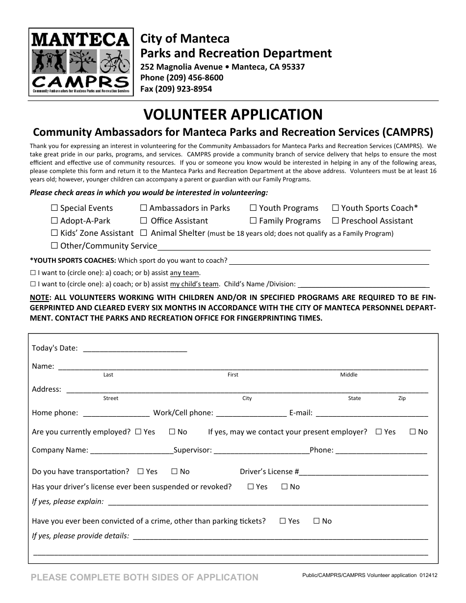 Volunteer Application - Community Ambassadors for Manteca Parks and Recreaton Services (Camprs) - City of Manteca, California, Page 1