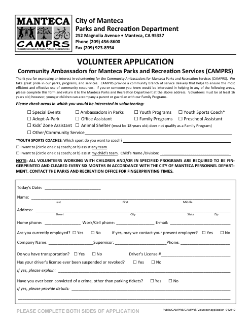 Volunteer Application - Community Ambassadors for Manteca Parks and Recreaton Services (Camprs) - City of Manteca, California Download Pdf