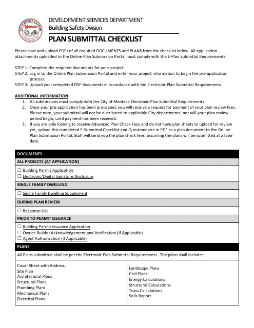 Plan Submittal Checklist - City of Manteca, California Download Pdf