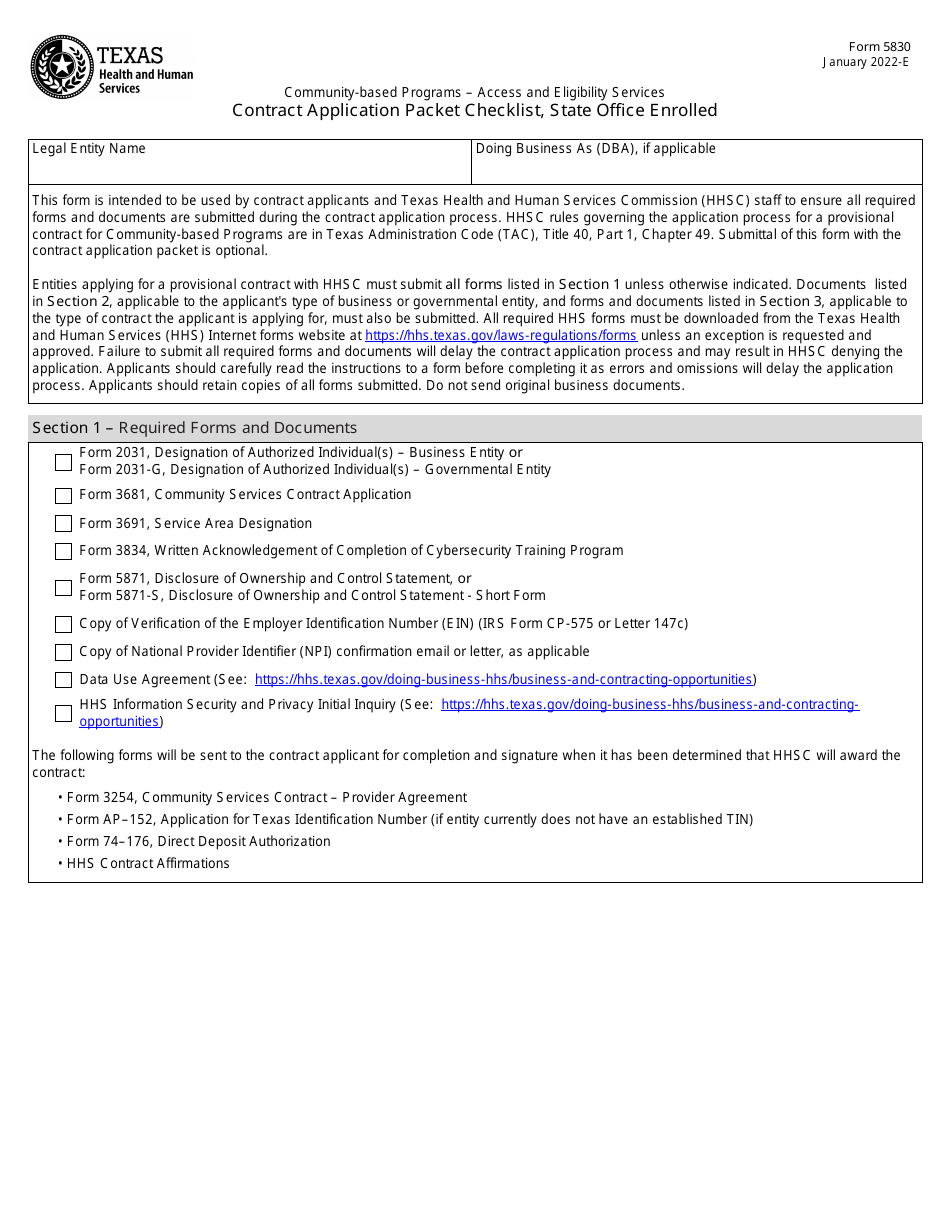 Form 5830 Contract Application Packet Checklist, State Office Enrolled - Texas, Page 1