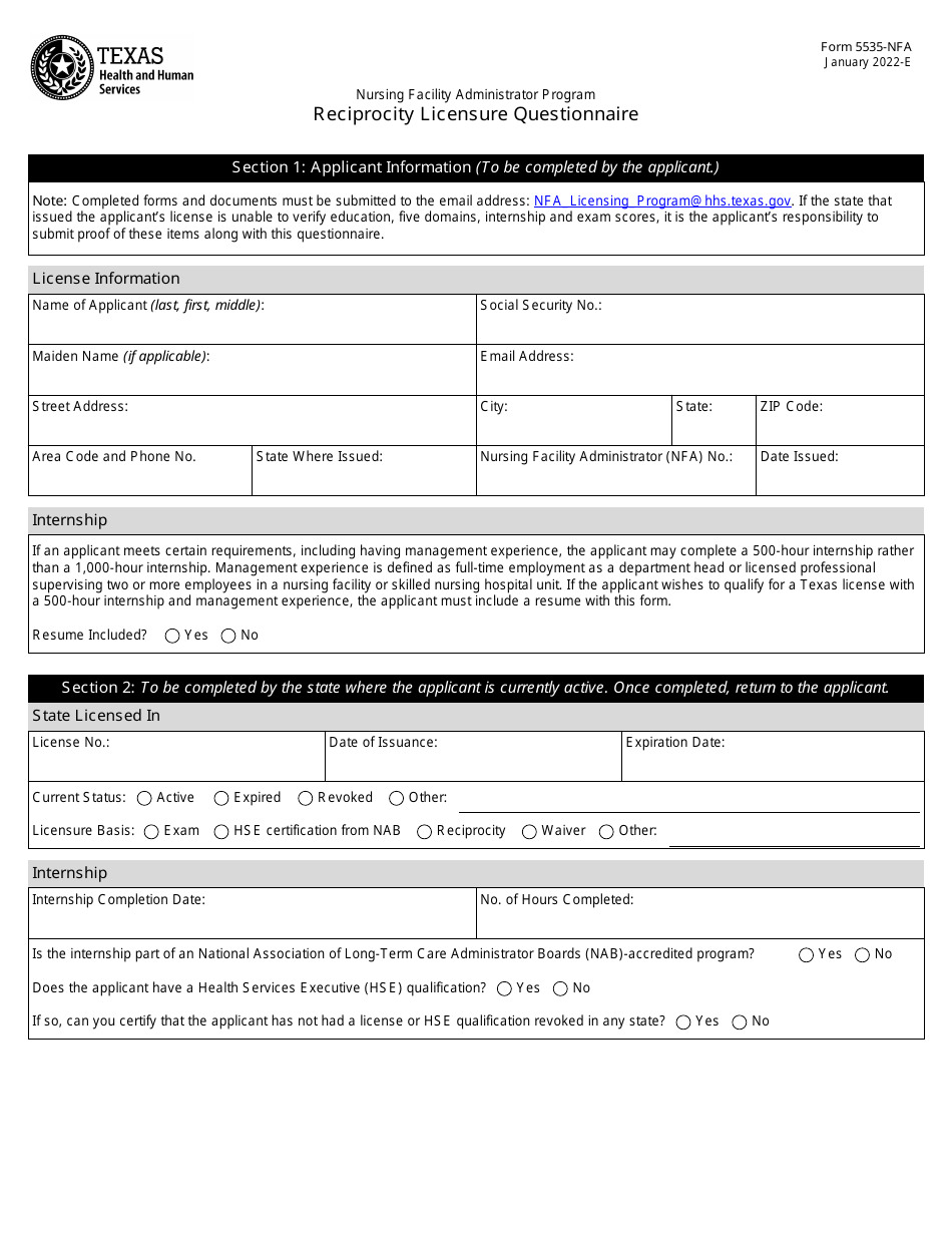 Form 5535-NFA Reciprocity Licensure Questionnaire - Texas, Page 1
