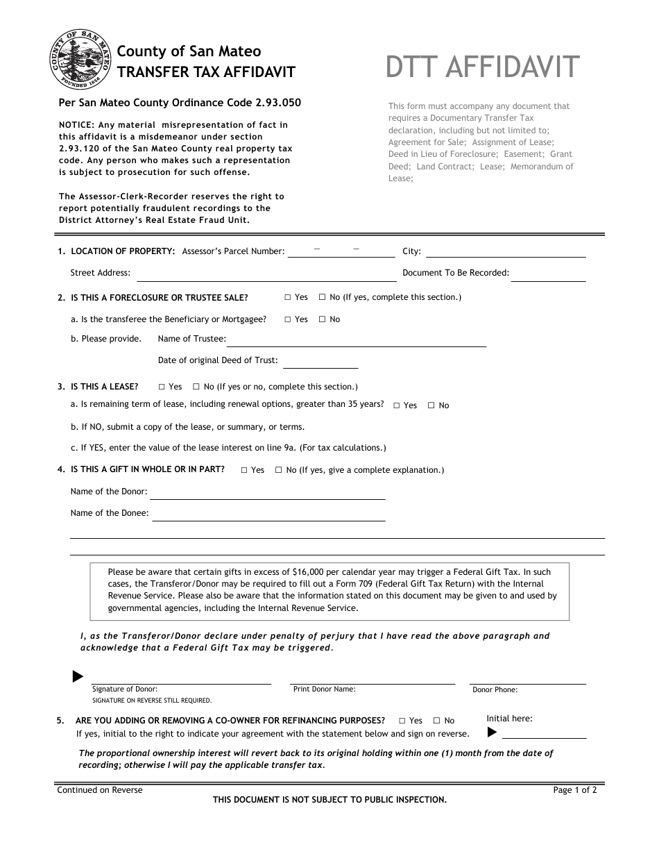 Form REC-SMC-012011 Transfer Tax Affidavit - County of San Mateo, California, Page 1