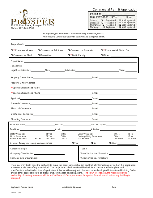 Commercial Permit Application - Town of Prosper, Texas