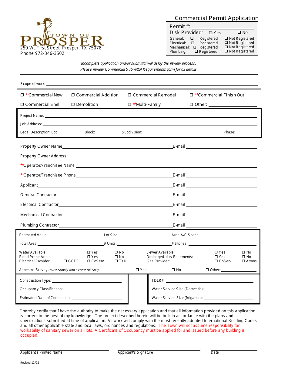 Town of Prosper, Texas Commercial Permit Application Fill Out, Sign